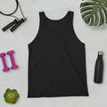 Black Syndicated Passion® unisex tank top with a plain front and scoop neckline.