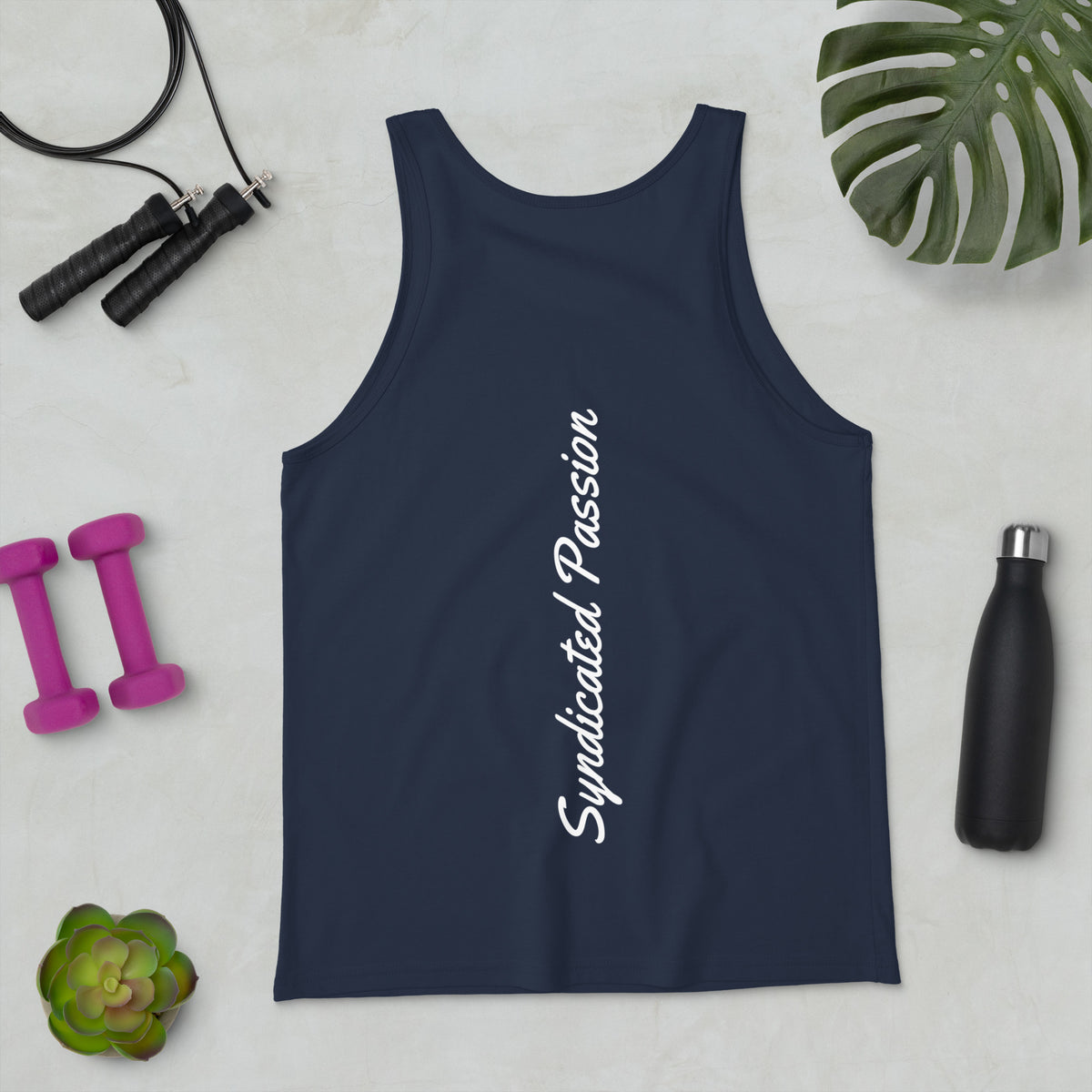 Navy unisex tank top with white Syndicated Passion script lettering running vertically down the center of the back.