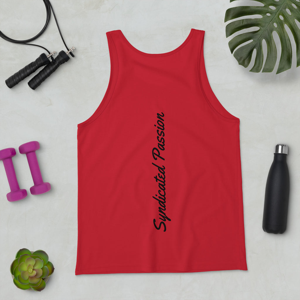 Red unisex tank top with black Syndicated Passion lettering in flowing Yellowtail script running vertically down the center of the back.