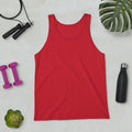 Red Syndicated Passion® unisex tank top with a plain front and scoop neckline.