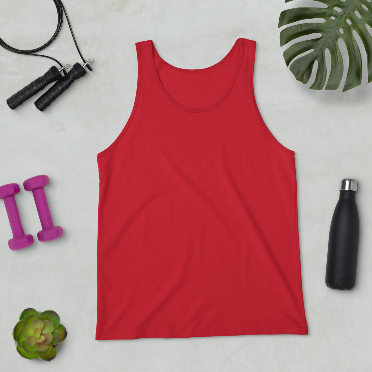 Red Syndicated Passion® unisex tank top with a plain front and scoop neckline.