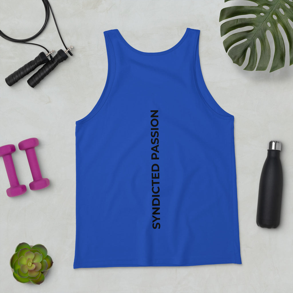 Blue unisex tank top with bold black Syndicated Passion lettering running vertically down the center of the back.