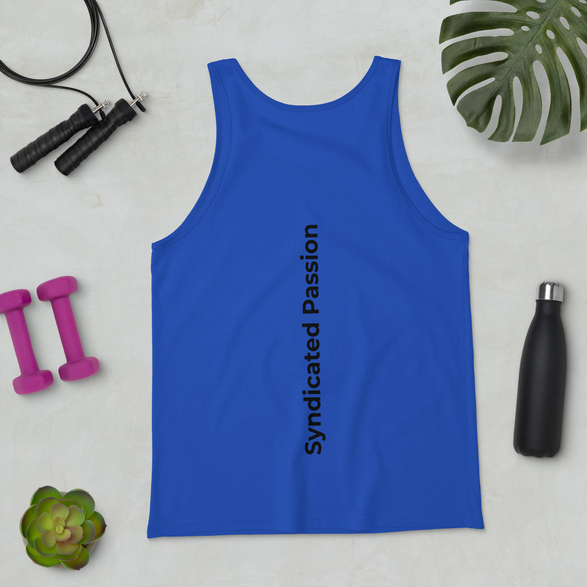 Blue unisex tank top with bold black mixed-case Syndicated Passion lettering running vertically down the center of the back.