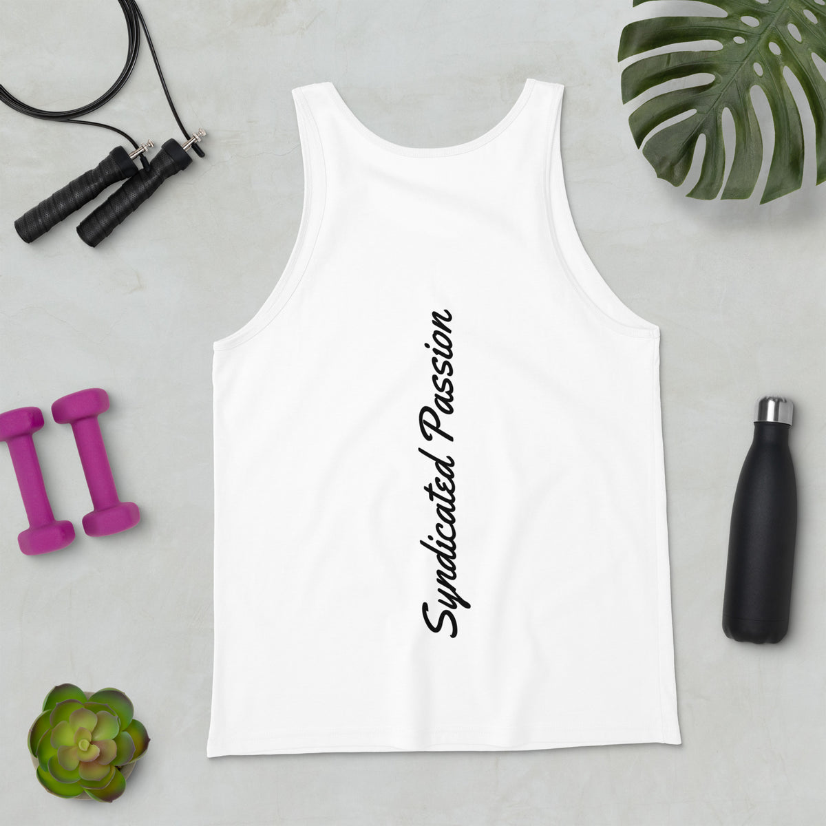 White unisex tank top with black Syndicated Passion lettering in flowing Yellowtail script running vertically down the center of the back.