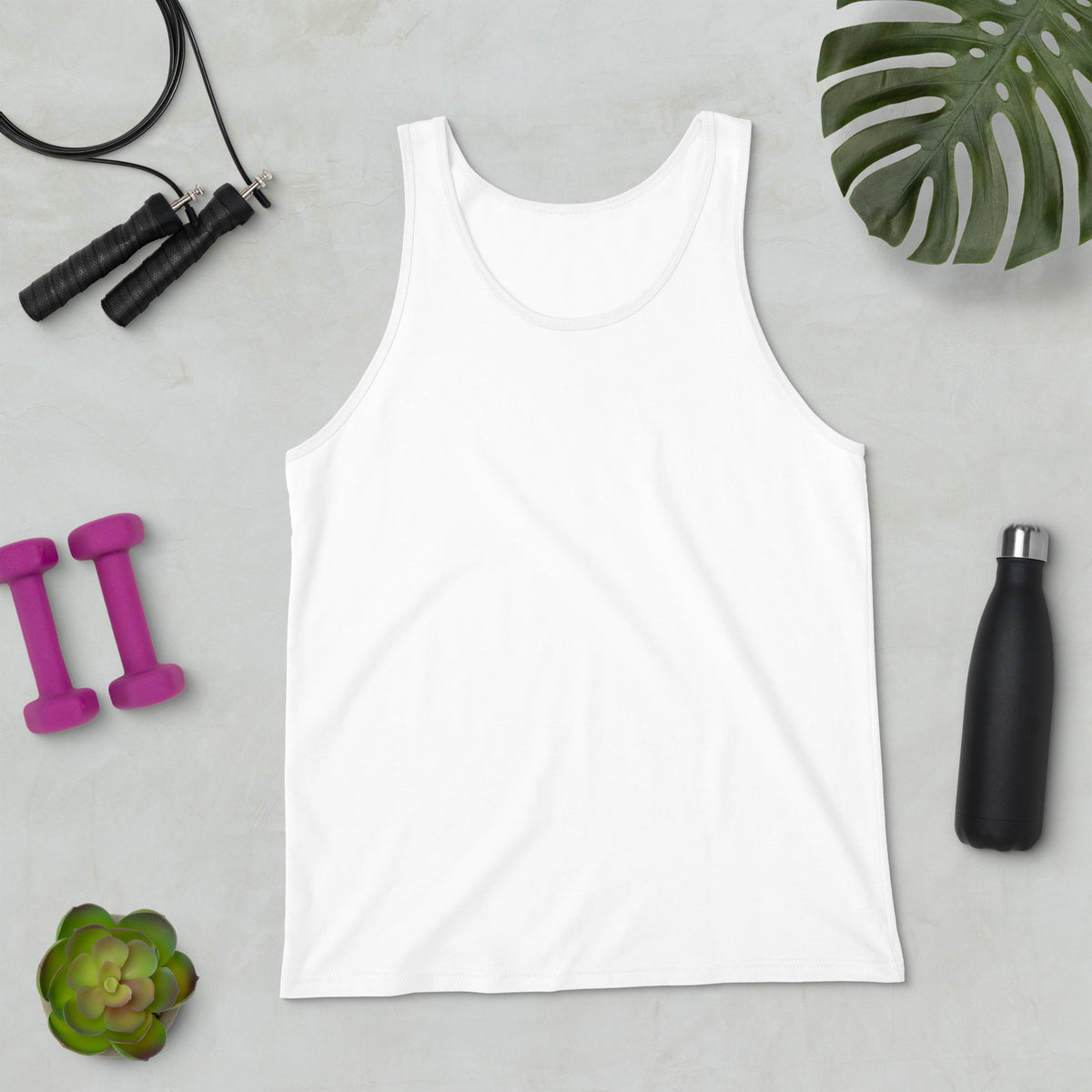 White Syndicated Passion® unisex tank top with a plain front and scoop neckline.