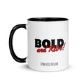 White ceramic coffee mug with black rim, handle, and interior, featuring bold black “BOLD” lettering and red “and Retro!” script, Syndicated Passion.