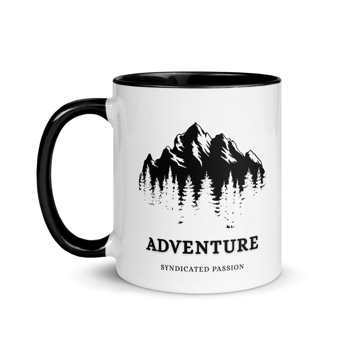 White ceramic coffee mug with a black rim, handle, and interior, featuring mountain peaks and evergreen trees above “ADVENTURE” lettering and Syndicated Passion branding.