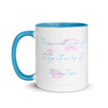 Warm Eyes blue colored rim coffee mug with pink lips and eyes illustration and blue cursive poetry — There's a warmth in your eyes that stays with me long after the moment passes.