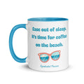 Beach Coffee blue colored rim ceramic coffee mug — bold teal retro typography with pink sunglasses reflecting ocean waves and clouds, vibrant blue rim handle and interior, original beach poetry reads Ease out of sleep, It's time for coffee on the beach by Syndicated Passion.