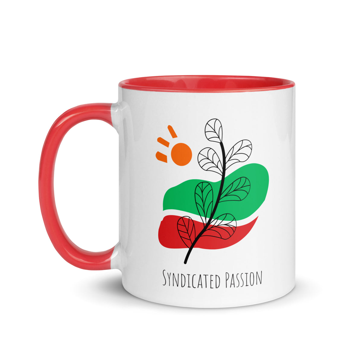 White ceramic 11 oz coffee mug with red rim and inside featuring black botanical line art over green and red abstract shapes, with an orange sun and Syndicated Passion lettering below.