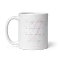 Intricate Ways white glossy ceramic coffee mug — soft pink watercolor heart outline with delicate silver handwritten script, original love poetry reads I love coffee mornings, I love sunny days, and I love you calming my intricate ways by Syndicated Passion.