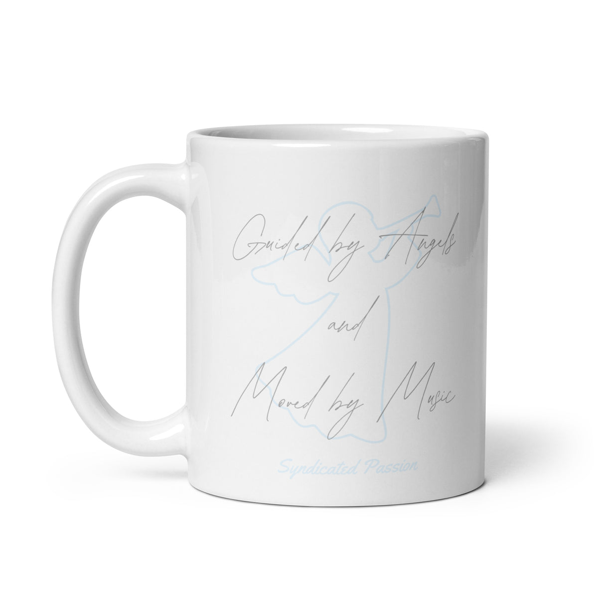 White glossy 11 oz ceramic mug with original poetry reading "Guided by Angels and Moved by Music" in elegant script alongside a soft blue ethereal angel illustration — a spiritual gift for music lovers and dreamers by Syndicated Passion®