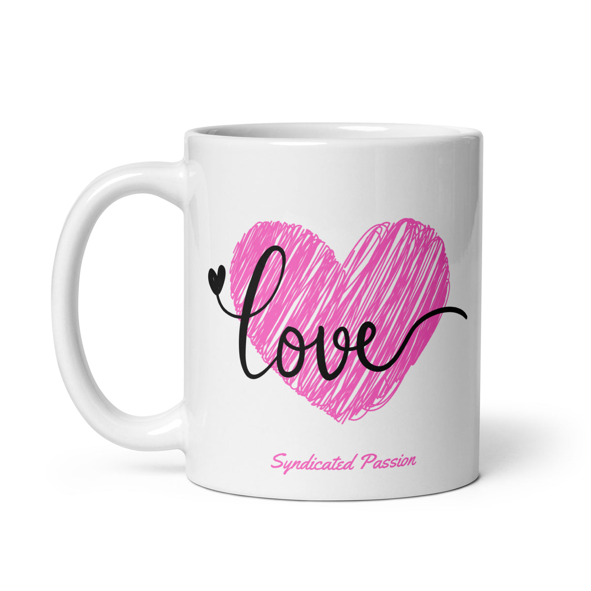 White glossy 11 oz ceramic mug with bold black cursive 'love' script over a vibrant hand-drawn pink scribble heart illustration — a romantic Valentine's Day gift for her by Syndicated Passion®