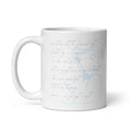 Seven Diamonds poetry mug — original handwritten pencil verse over a soft blue watercolor design on a white 11 oz ceramic mug — Syndicated Passion®