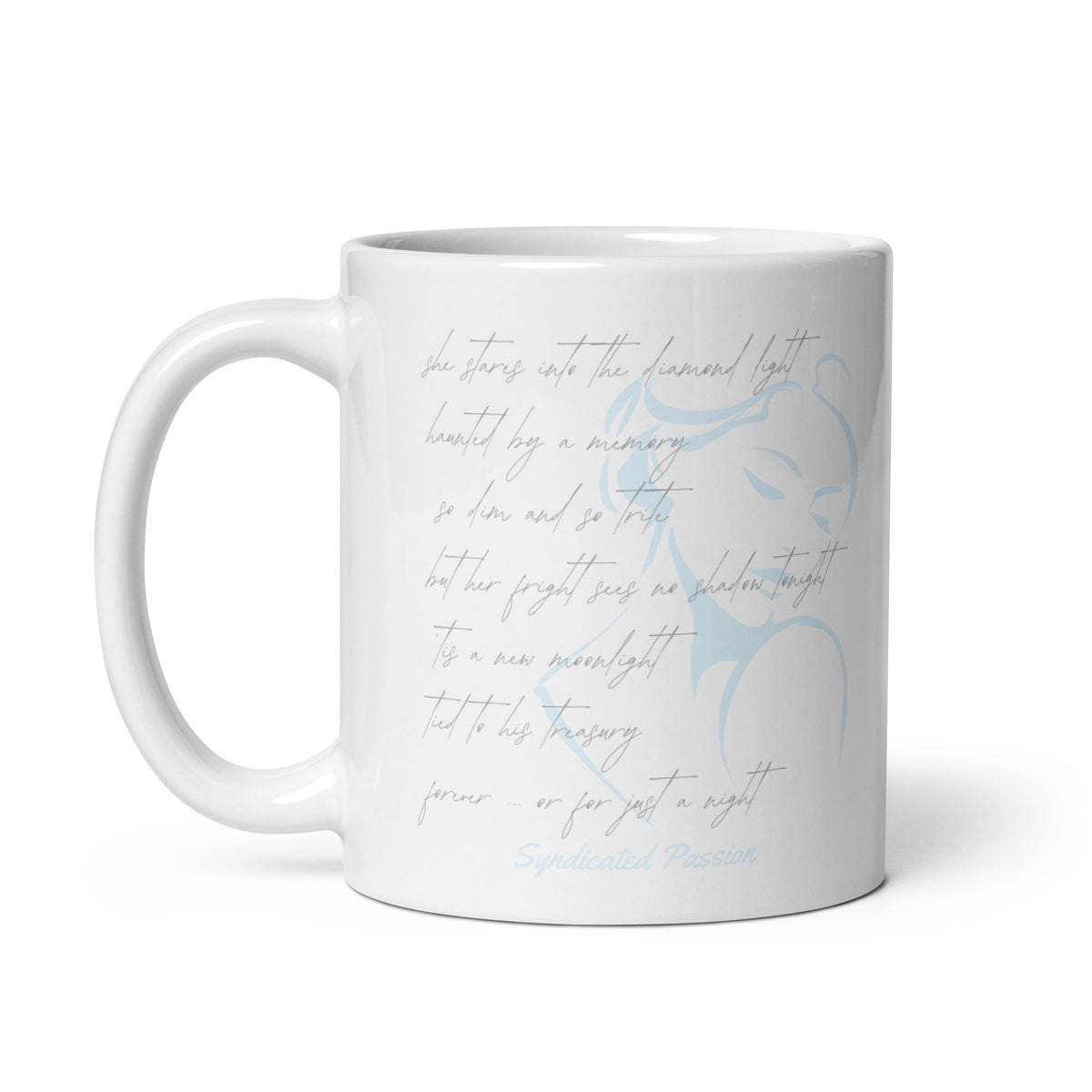 Seven Diamonds poetry mug — original handwritten pencil verse over a soft blue watercolor design on a white 11 oz ceramic mug — Syndicated Passion®