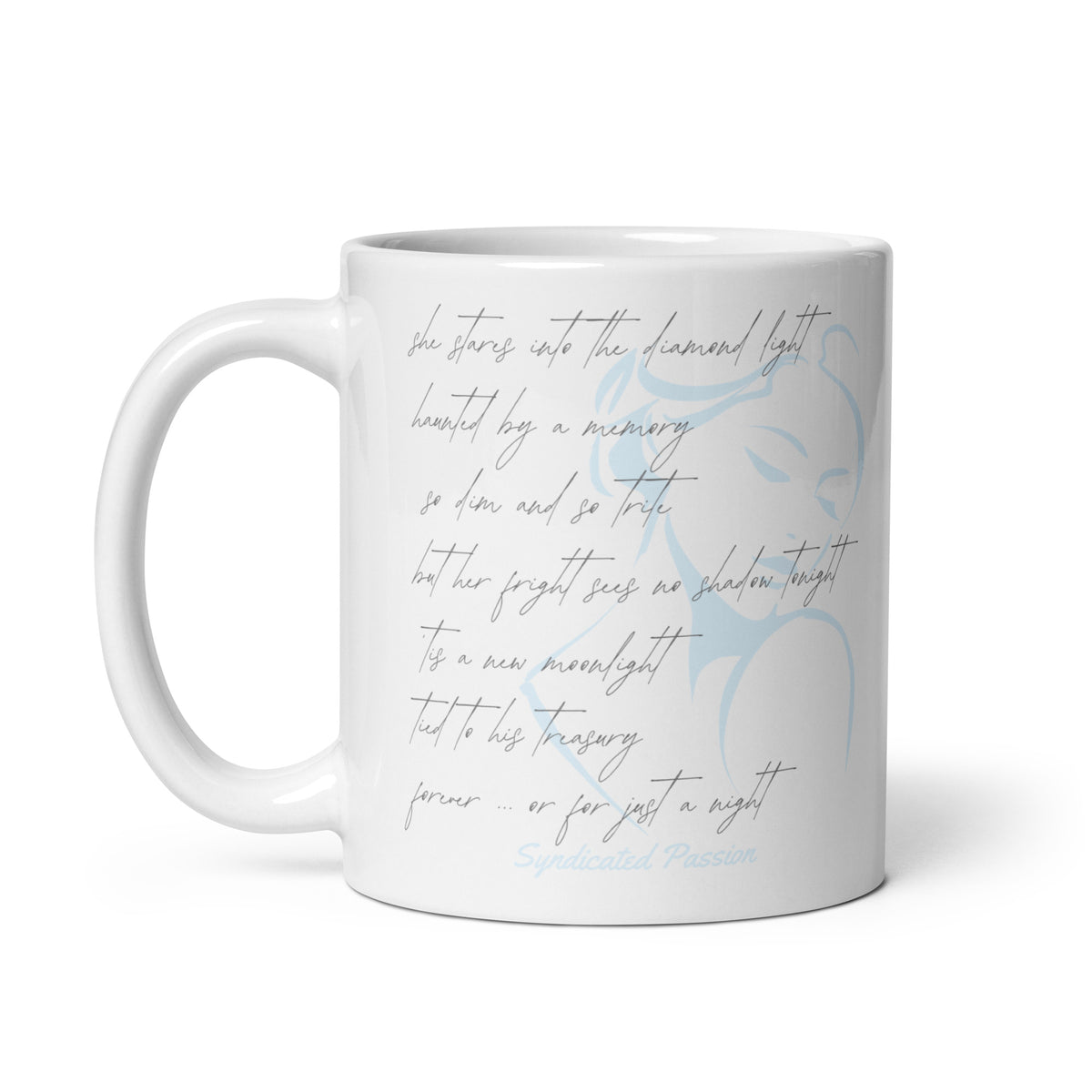 White ceramic 11 oz coffee mug featuring delicate handwritten poetry in pencil color over a soft blue watercolor portrait, Syndicated Passion.⠋