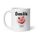 White ceramic 11 oz coffee mug with bold black “Smile” lettering, a red dotted smiley face, and “Today” text. Faint Syndicated Passion on the bottom for branding.