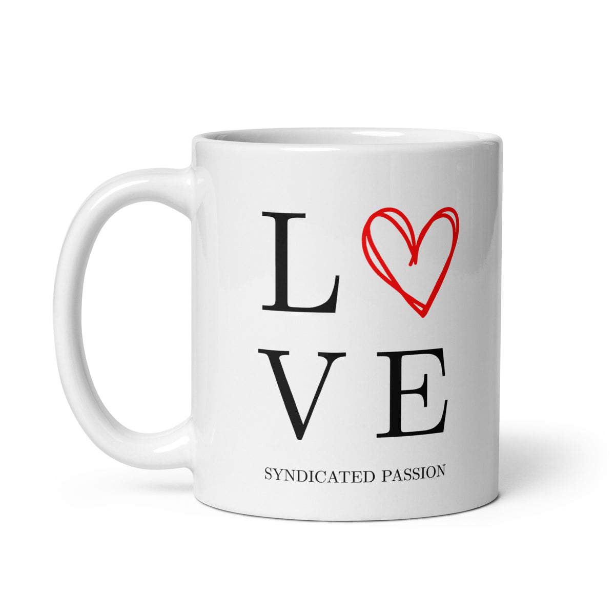 White ceramic 11 oz coffee mug with black “L” and “VE” lettering around a hand-drawn red heart to spell “LOVE,” Syndicated Passion.