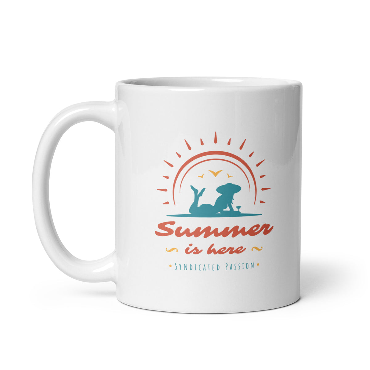 White ceramic 11 oz coffee mug featuring a teal silhouette of a girl beneath a coral sun with golden birds, “Summer is here” lettering, and Syndicated Passion branding.