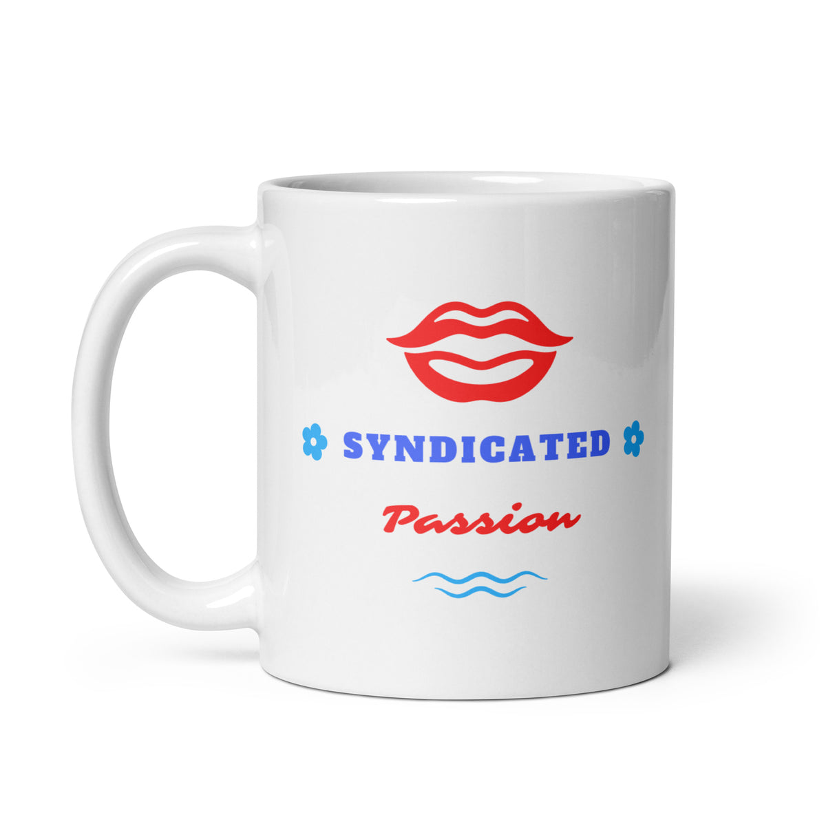 White ceramic coffee mug featuring red lips above blue “SYNDICATED” lettering and red “Passion” script, with blue flower and wavy-line accents.