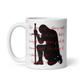 White ceramic coffee mug featuring a black silhouette of a kneeling knight resting on a sword, overlaid with red “Stormy Knight” poetry and a Syndicated Passion signature.